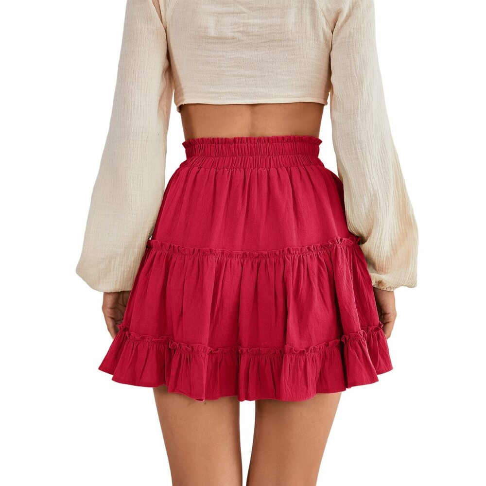 9080 Elastic Waist Pleated Layered Ruffle Hem Swing A Line Short Skirt Red2 - Picture 2 of 6